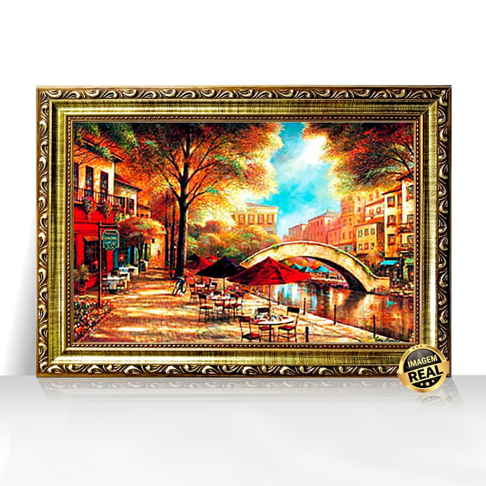 Quadro Decorativo A3 Restaurante de Rua Cena Urbana com Flores Moldura Trabalhada