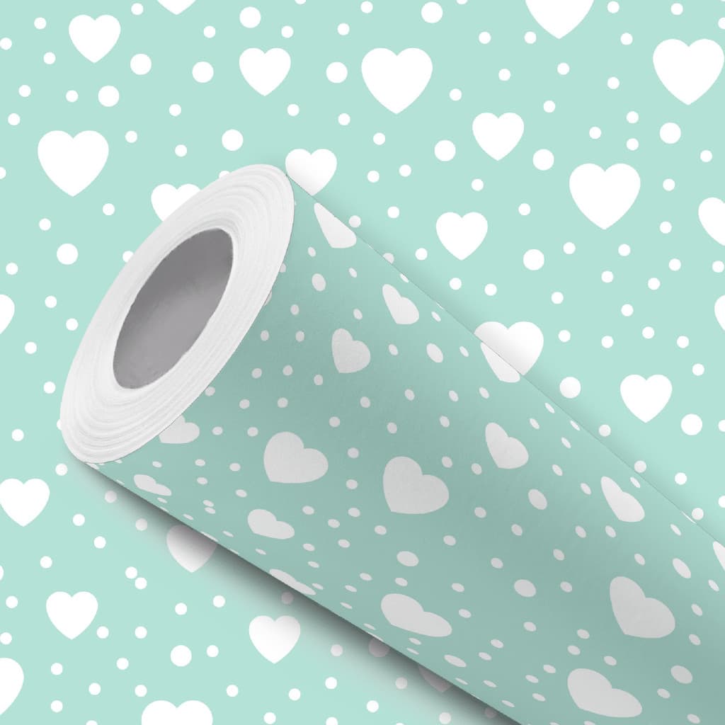 Papel de Parede Adesivo Resistente Verde Poá Corações Brancos Fácil Aplicação