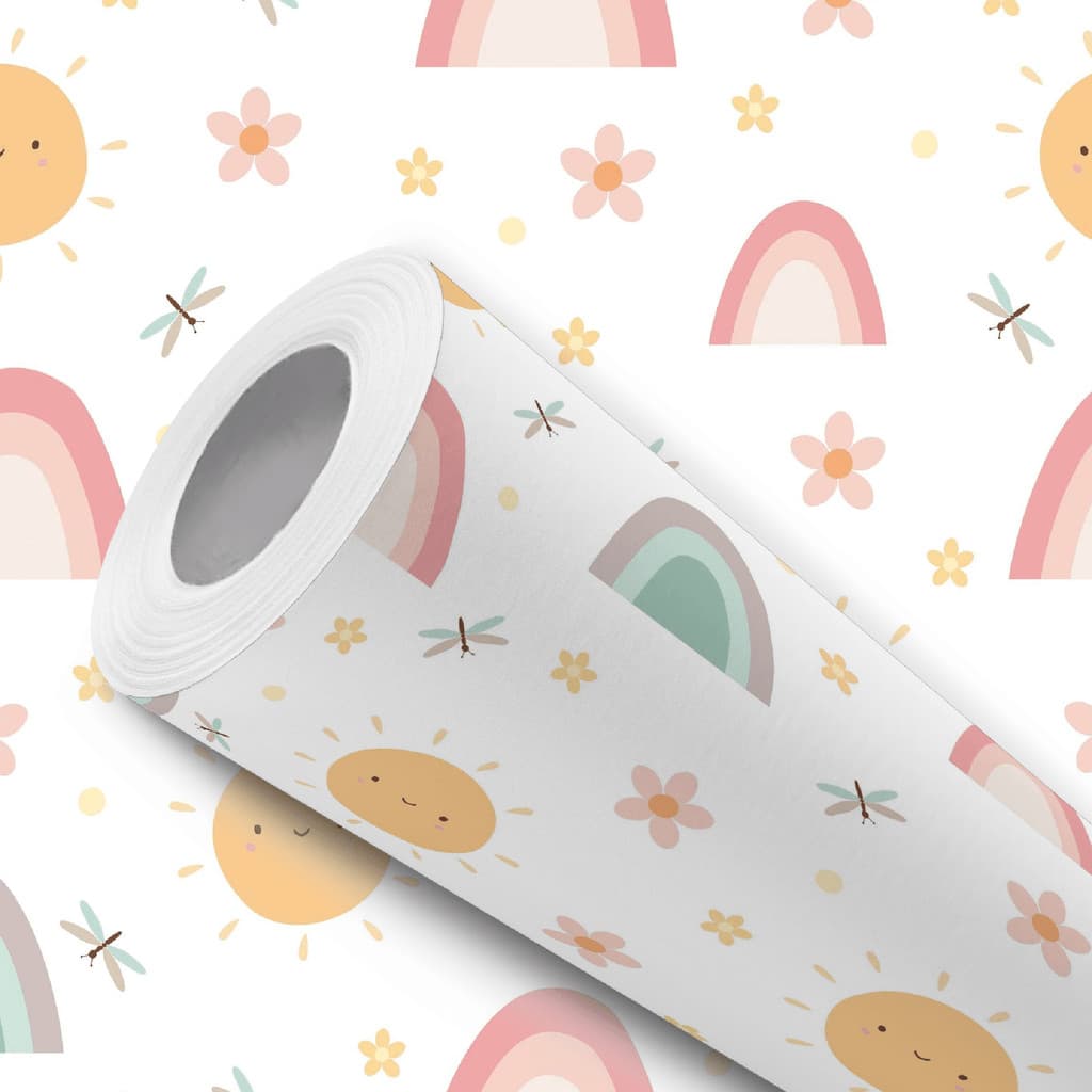 Papel de Parede Adesivo Resistente Flores Arco-Íris e Sol Fácil Aplicação