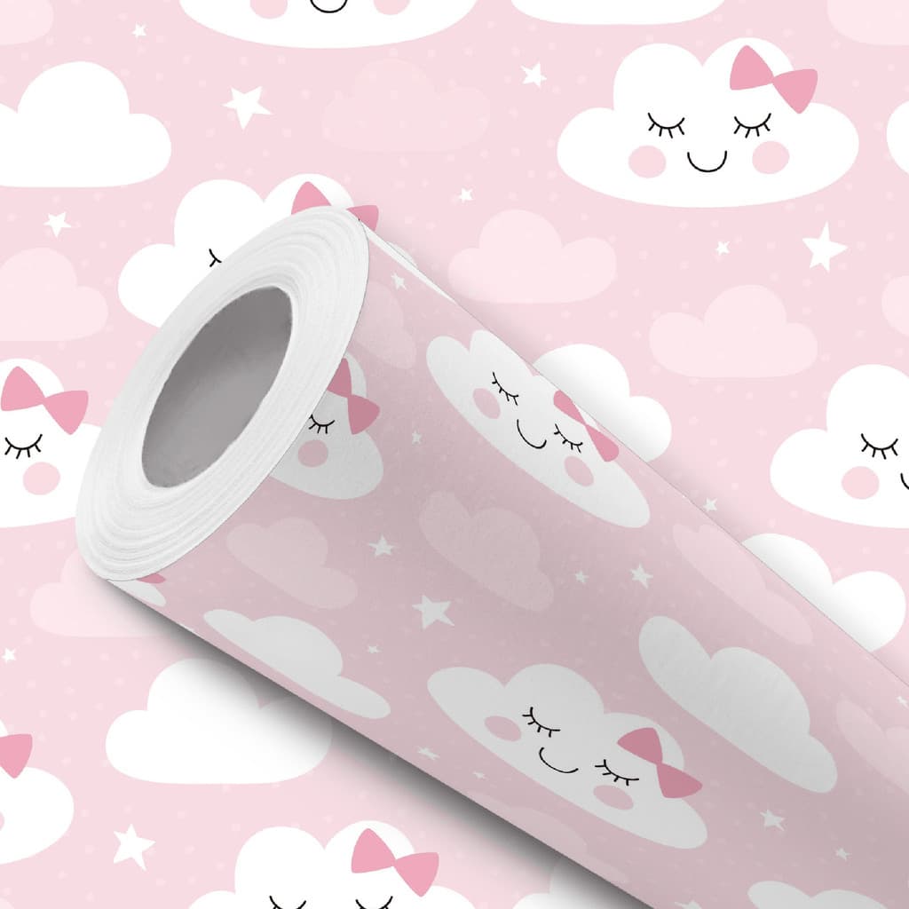 Papel de Parede Vinílico Resistente Rosa Estrela Nuvem Com Laço Fácil de Aplicar