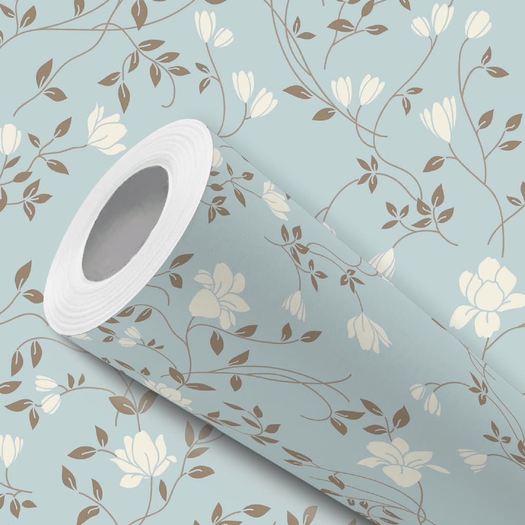 Papel de Parede Vinílico Resistente Azul Claro Floral Delicado Fácil de Aplicar
