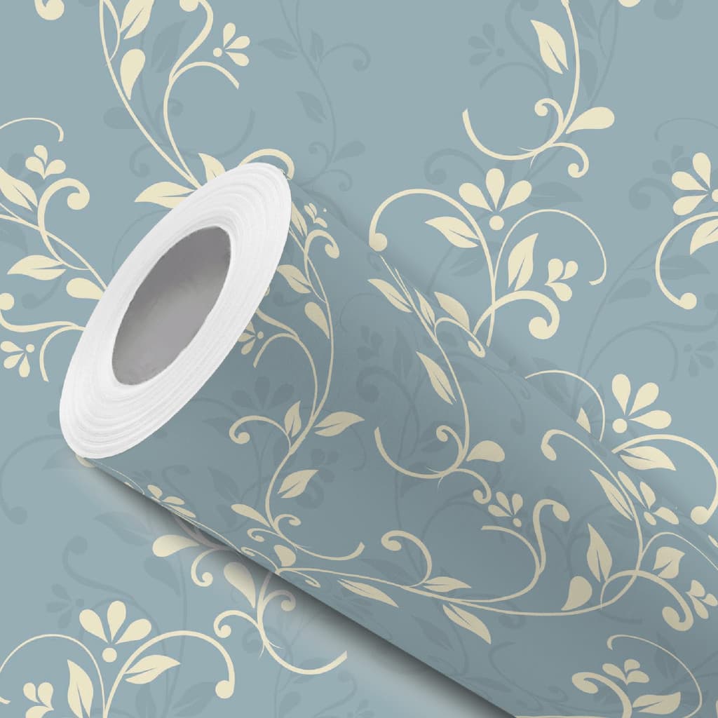 Papel de Parede Vinílico Resistente Azul Grafite Floral Bege Fácil de Aplicar