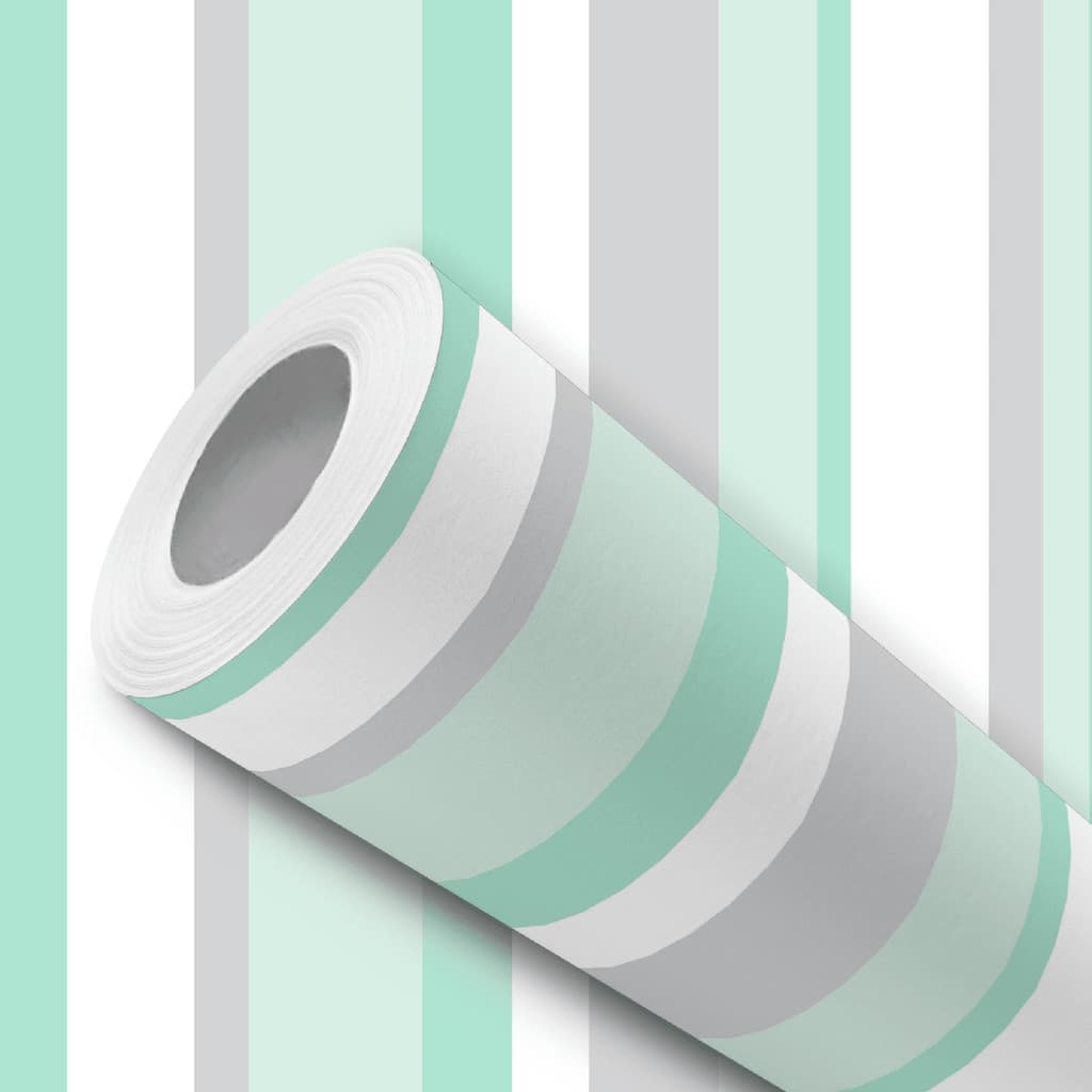 Papel de Parede Vinílico Adesivo Listrado Verde Cinza Branco Fácil de Aplicar