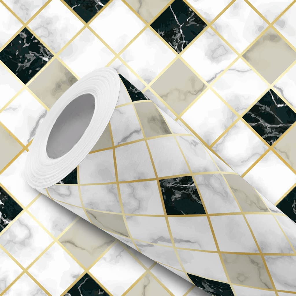 Papel de Parede Vinílico Resistente Pastilha Preto com Dourado Fácil de Aplicar