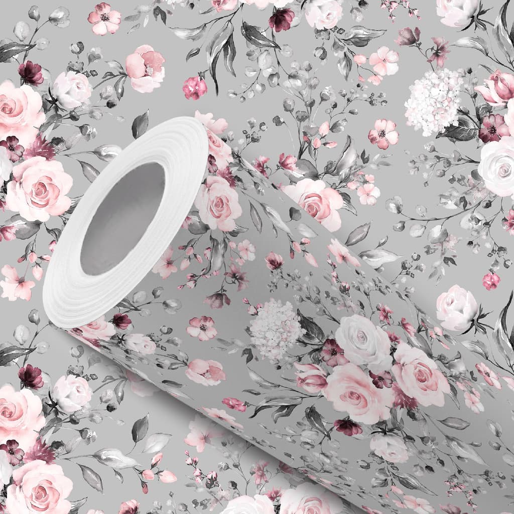 Papel de Parede Vinílico Resistente Cinza e Ramos de Flor Rosa Fácil de Aplicar