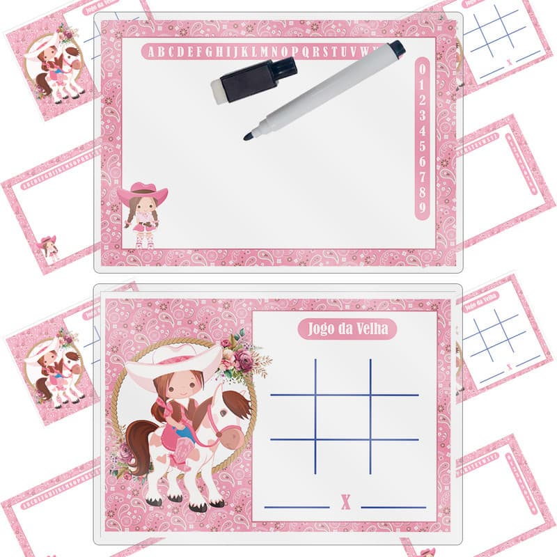 Kit 10 Lousa Mágica Tema Boiadeira Rosa Lembrancinha Festa De Aniversario Caneta + Apagador