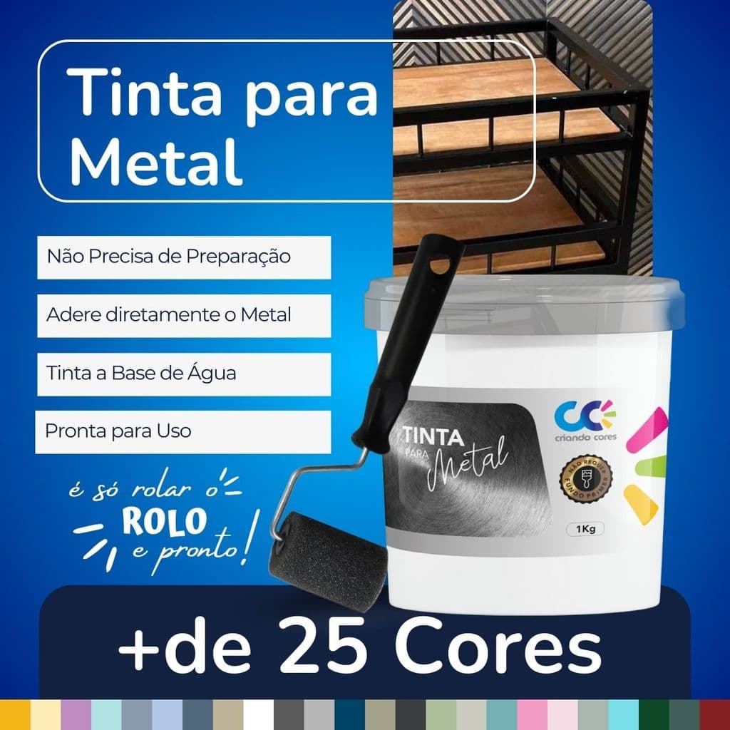 Tinta para Metal 1Kg + ROLINHO 5cm VÁRIAS CORES Alta Resistência para Portões Grades Portas e Superfícies Metálicas