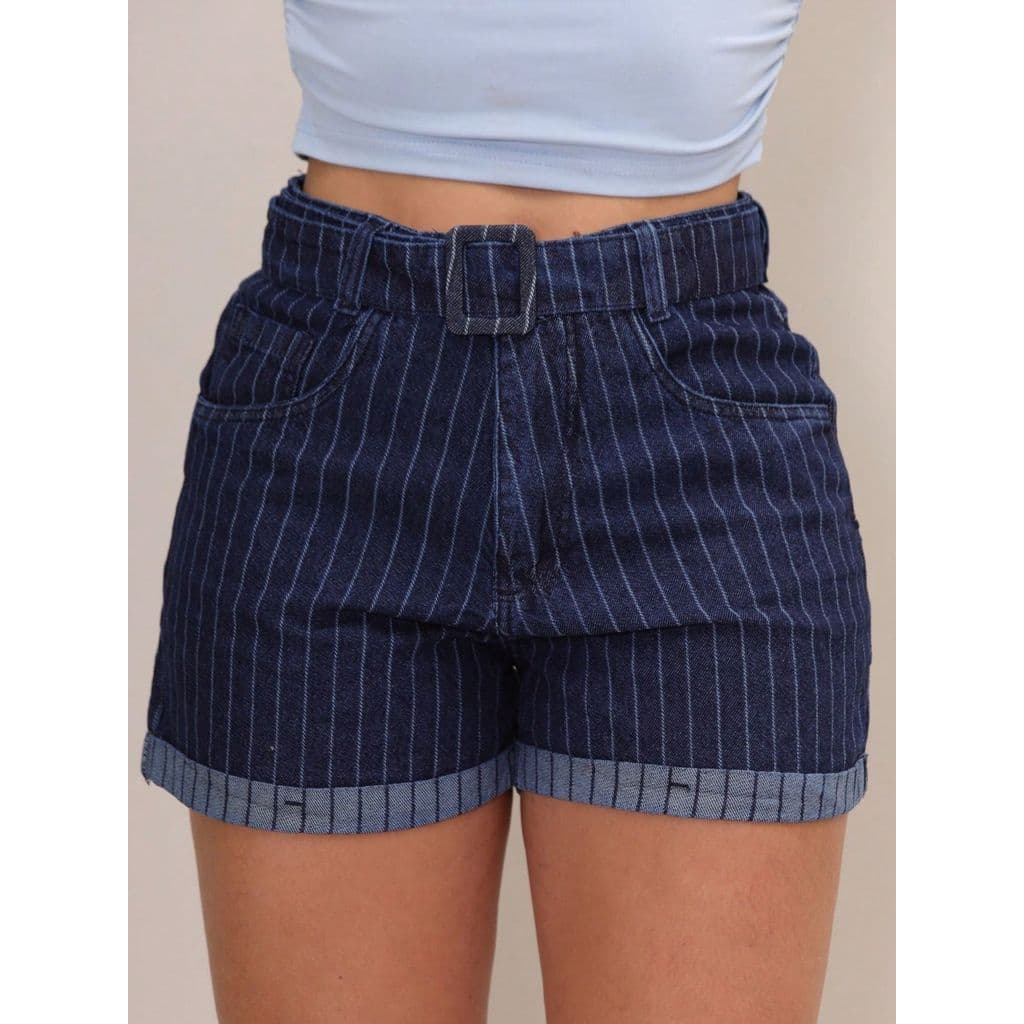 Short Jeans Estilo Alfaiataria Feminino Cintura Alta Risca de Giz com Cinto Modelagem Elegante Premium