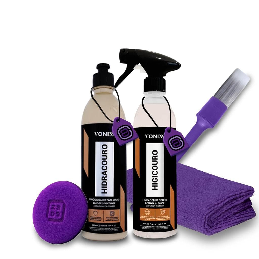 Kit Couro Vonixx: Hidracouro 500mL + Higicouro + pincel/aplicador/microfibra