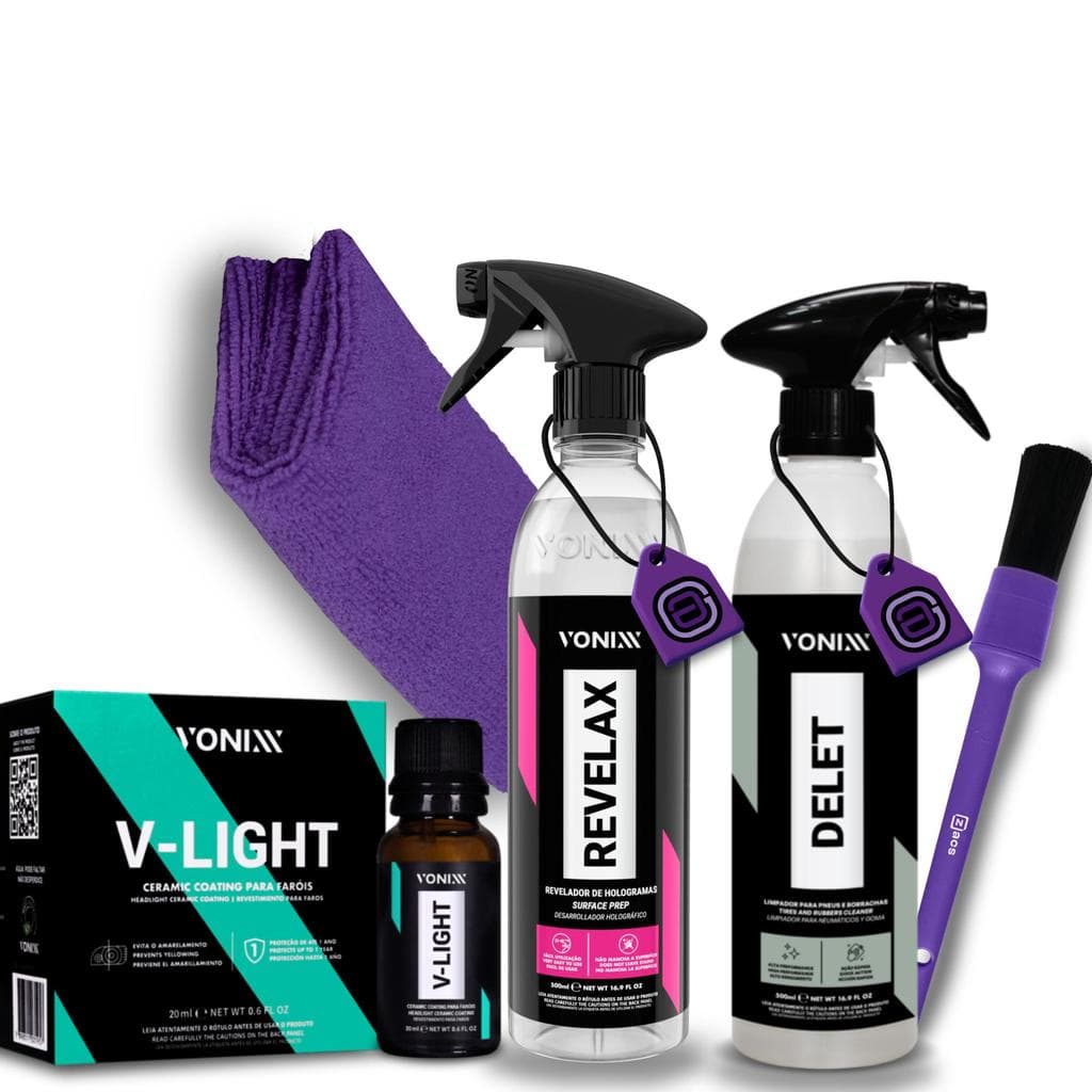kit Vonixx delet, revelax e v-light + microfibra zacs - Descontaminação e restauração profissional de farois