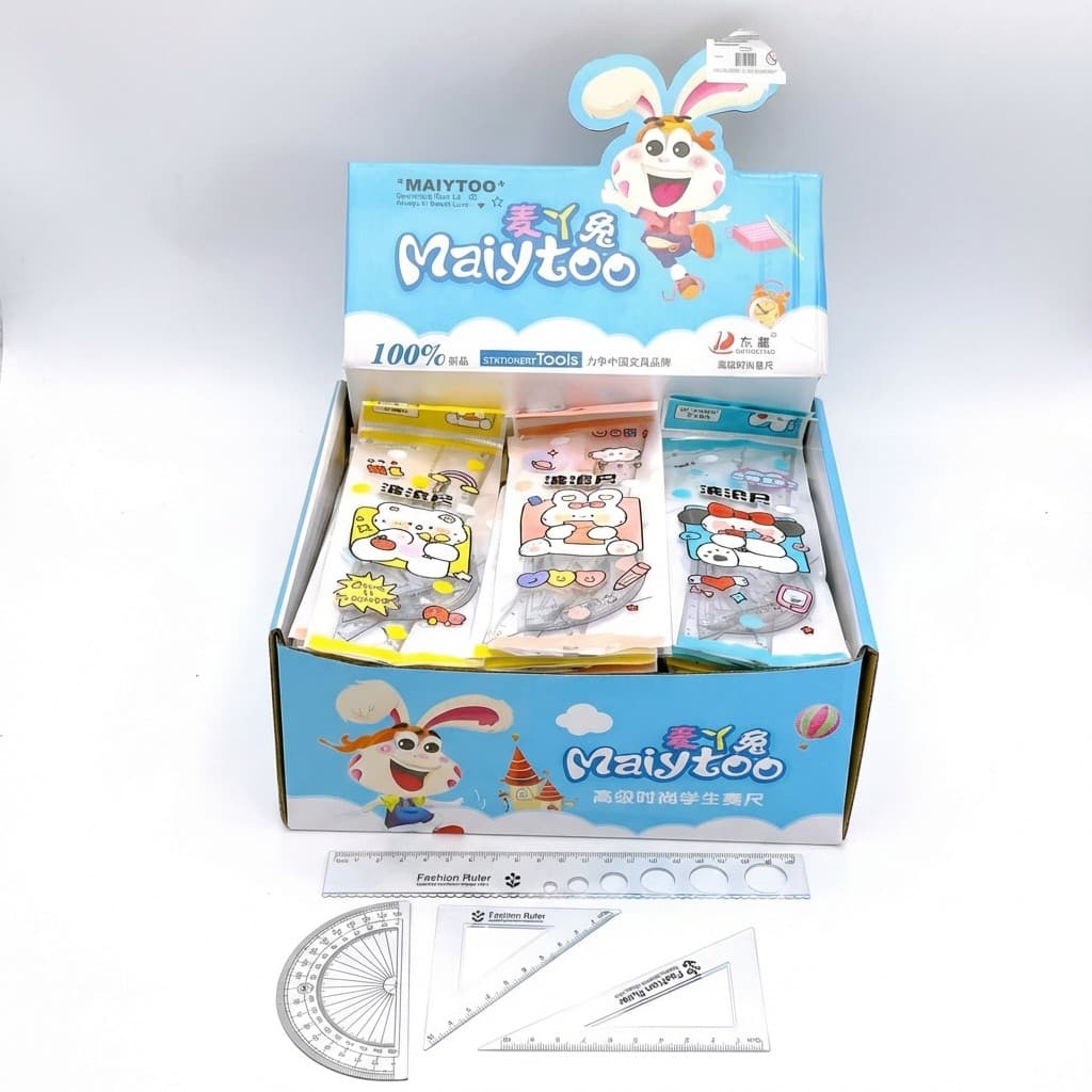 Kit De Réguas Escolar Infantil 4 Peças Régua 15cm Esquadro Transferidor Desenho Animado Material Escolar
