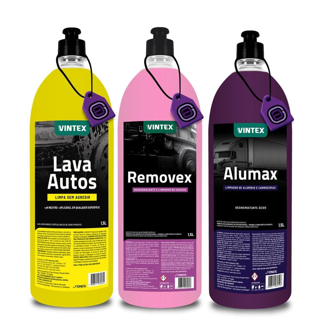 Kit Vintex 1.5L: Lava Autos + Removex + Alumax — shampoo, desengraxante, limpa