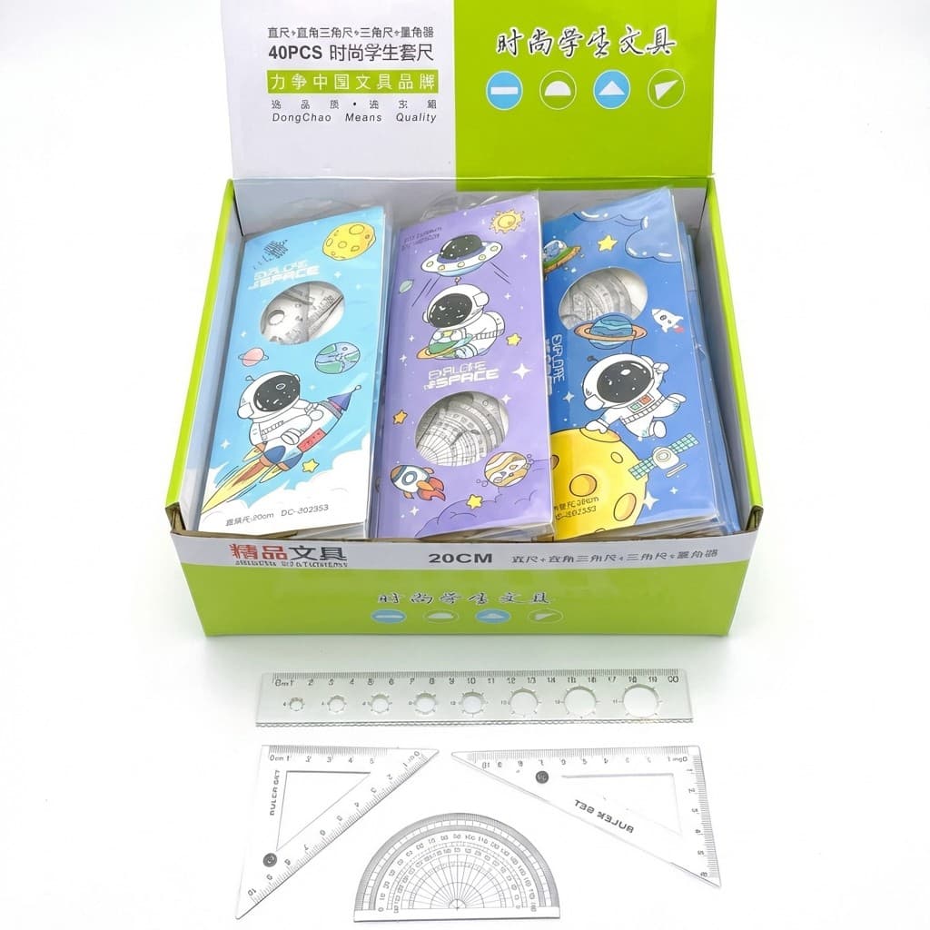 Kit3/6/12 Conjunto Régua Escolar 4 Peças Com Esquadro E Transferidor Ótimo Presente Ideal Atacado
