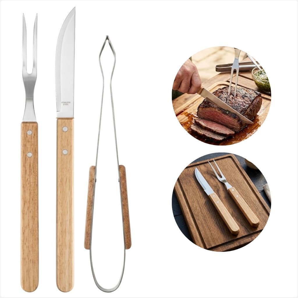 Kit Churrasco Faca Garfo Pegador Aço Inox Cabo Madeira Durável 3 Peças