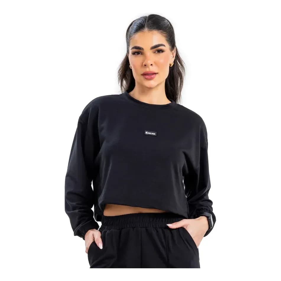 Casaco Cropped Feminino Manalinda Moletom Oversized Bolso Canguru Blusão Academia Treino Frio Inverno