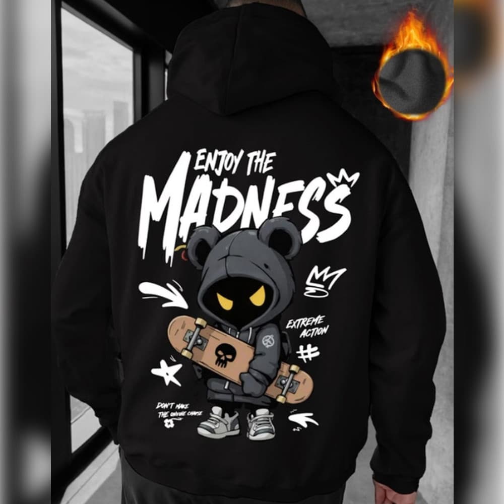 Moletom Masculino Preto, Poliéster Grosso e Quente, Estampa de Skateboard Cartoon "ENJOY THREF-4611