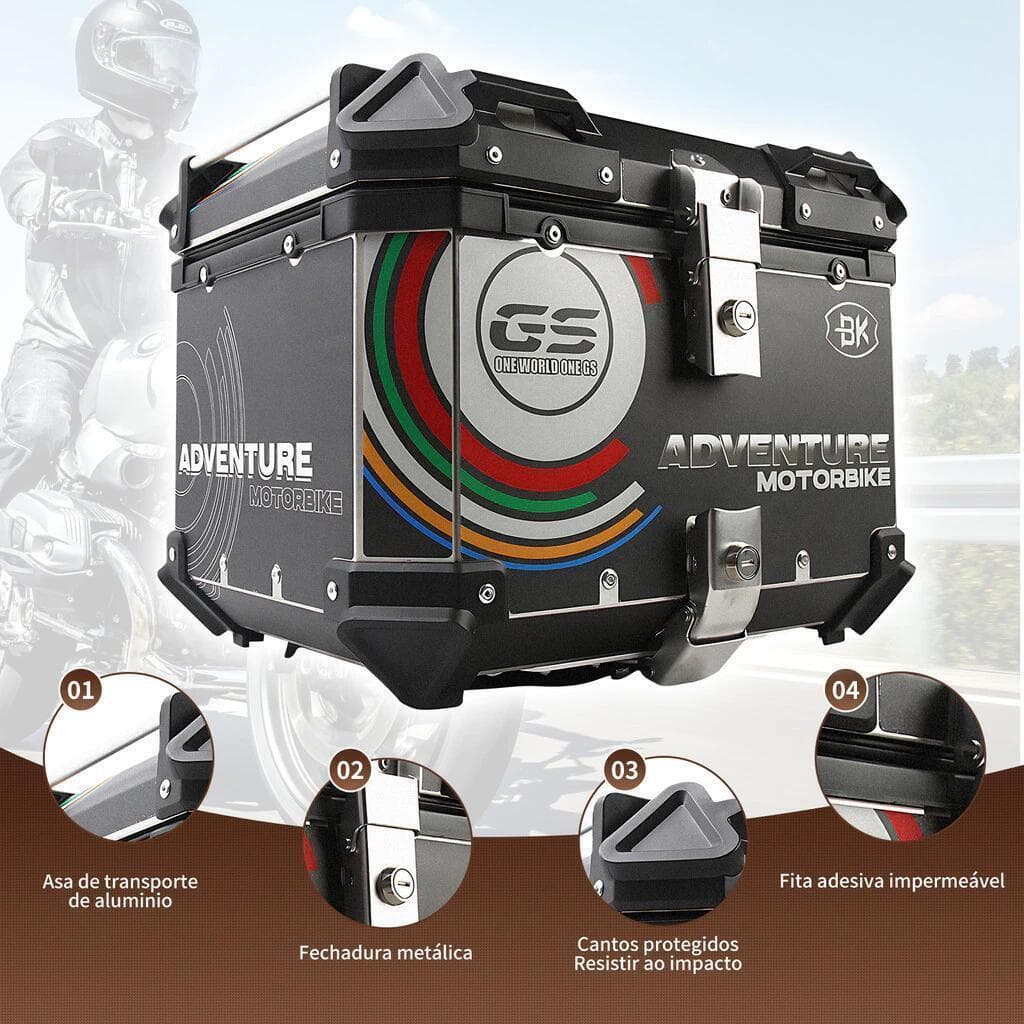 Baú Traseiro para Moto Alumínio 45L 65L, Trava Segura, Ideal para Uso Urbano e Viagens