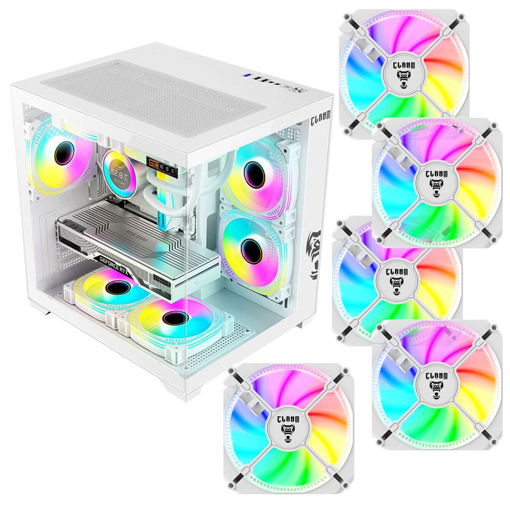 Gabinete Gamer Clanm Grodd Snow Branco Vidro Temperado com 5 Fans RGB Mid Tower ATX Micro-ATX Mini-ITX