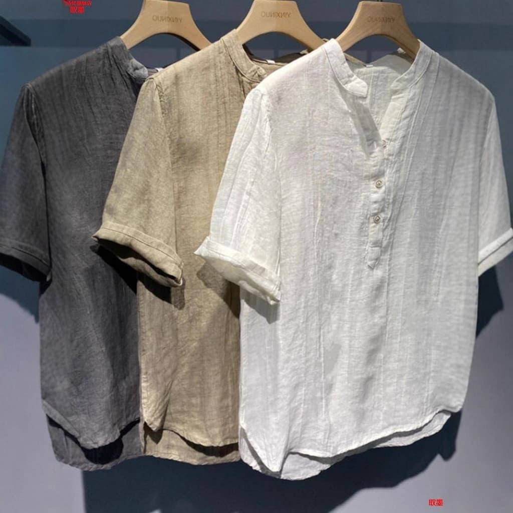 Americano Retro linho em torno do pescoço camisa de manga curta masculina Plus Size 100kg moda solta linho camisa Casual