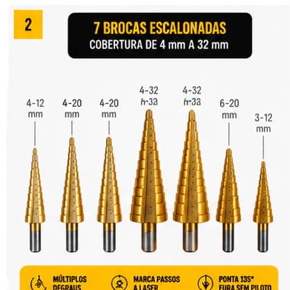 Kit 7 Brocas Escalonada Aço Rapido Titanio 4 A 32mm Corte com Marcador Com Estojo Organizador Vendido(s) - 6 peças broca
