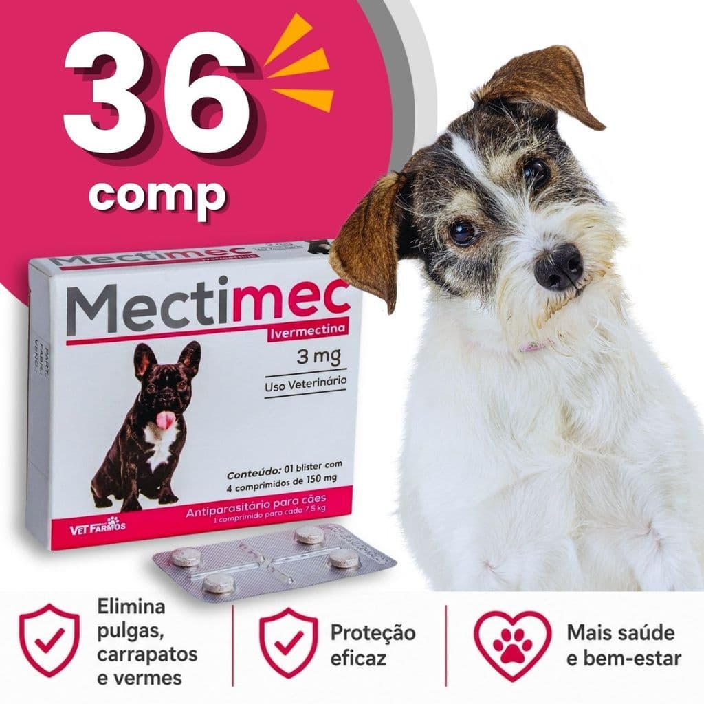 Mectimec 3mg - Remédio Anti Pulgas, Vermífugo, Mata Carrapatos - Cães até 15kg - 36 comprimidos