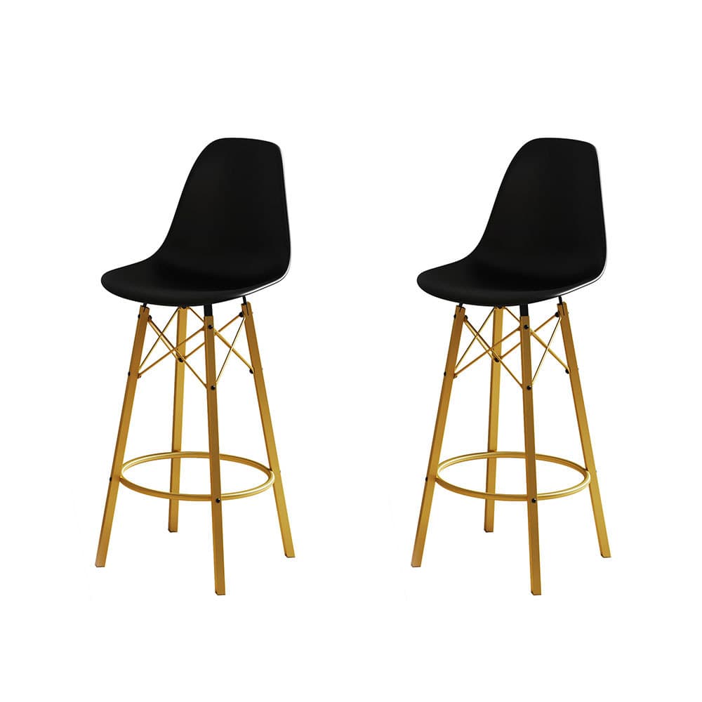 Conjunto 2 Banquetas Eames Design Moderno Tubo de Ferro Dourado Assento Preto