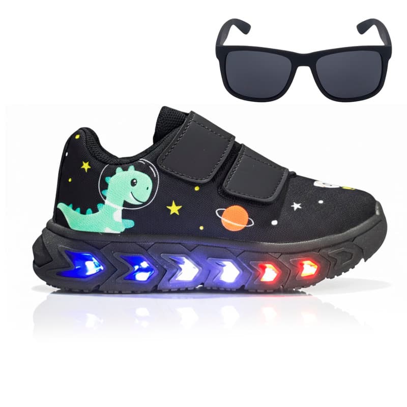 Kit com Tênis Infantil Dino com Led Colorido no Solado Leve e Macio + Óculos Escuros