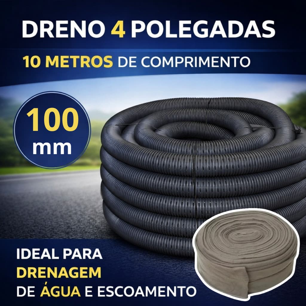 Kit Dreno Tubo Mangueira PEAD Corrugado Perfurado Drenagem 4 pol (100mm) Rolo 10 Metros + Camisa Bidim