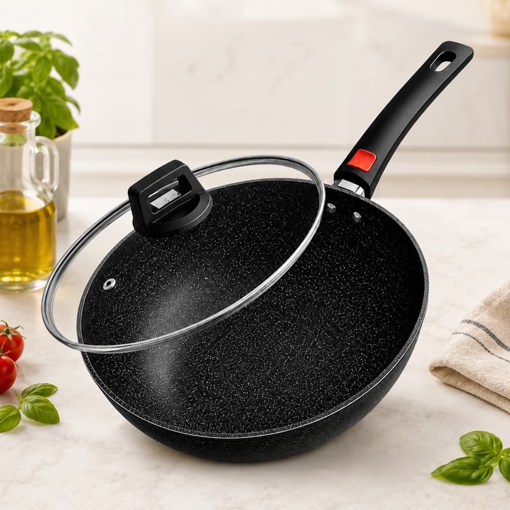 Frigideira Ceramica Antiaderente Fogão Cooktop Indução E Gás 24CM Universal na Cozinha Com Tampa de Vidro