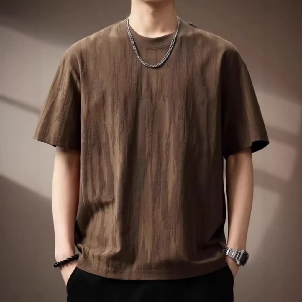 High-End casca texturizada de manga curta camiseta masculina solta nova marca em torno do pescoço Casual texturizado cam