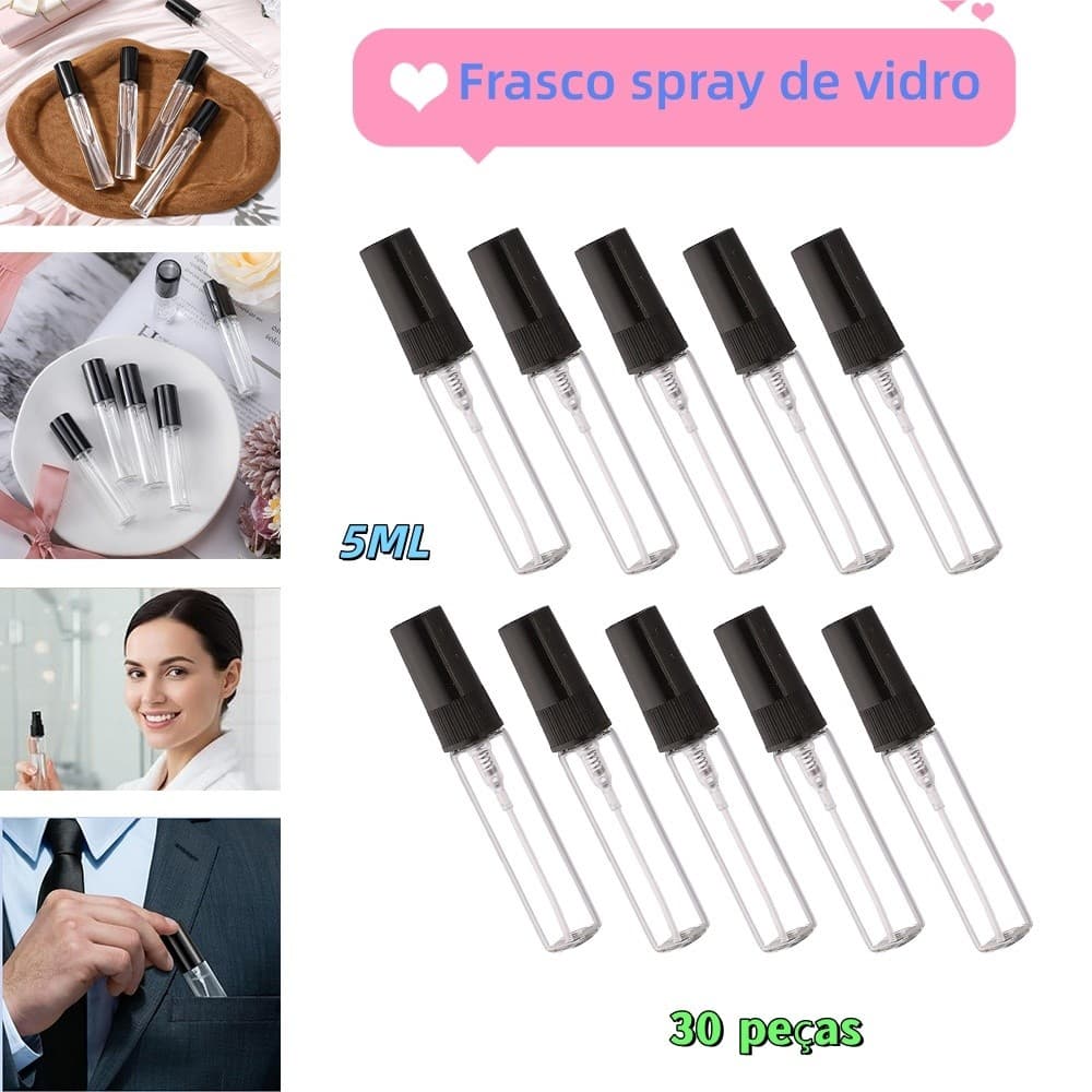 30 frascos de vidro com bico de névoa fina preta (5ml): transparente visível, selado à prova de vazamentos