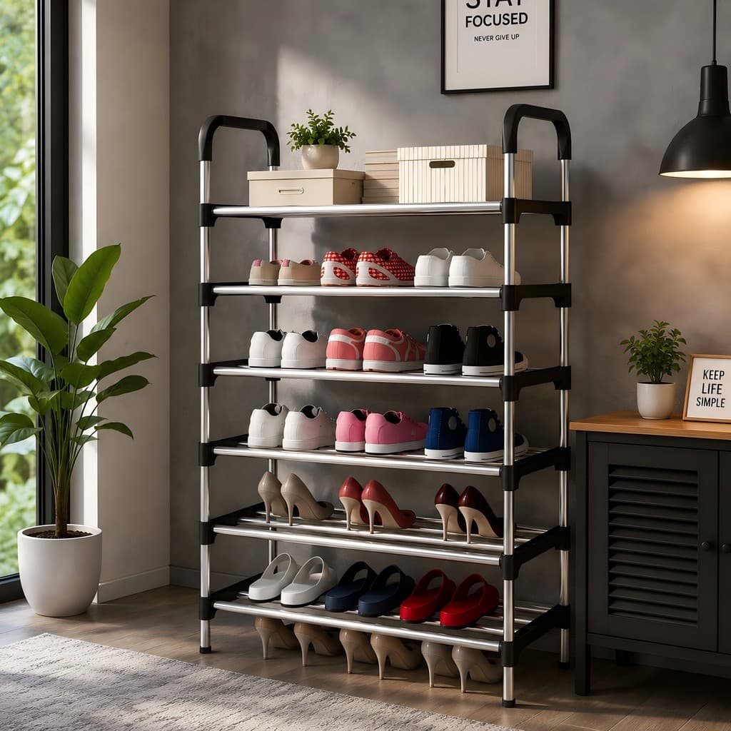 Sapateira Vertical 6 Prateleiras para 18 Pares Aço Cromado Luxo Desmontável Organizador de Calçados