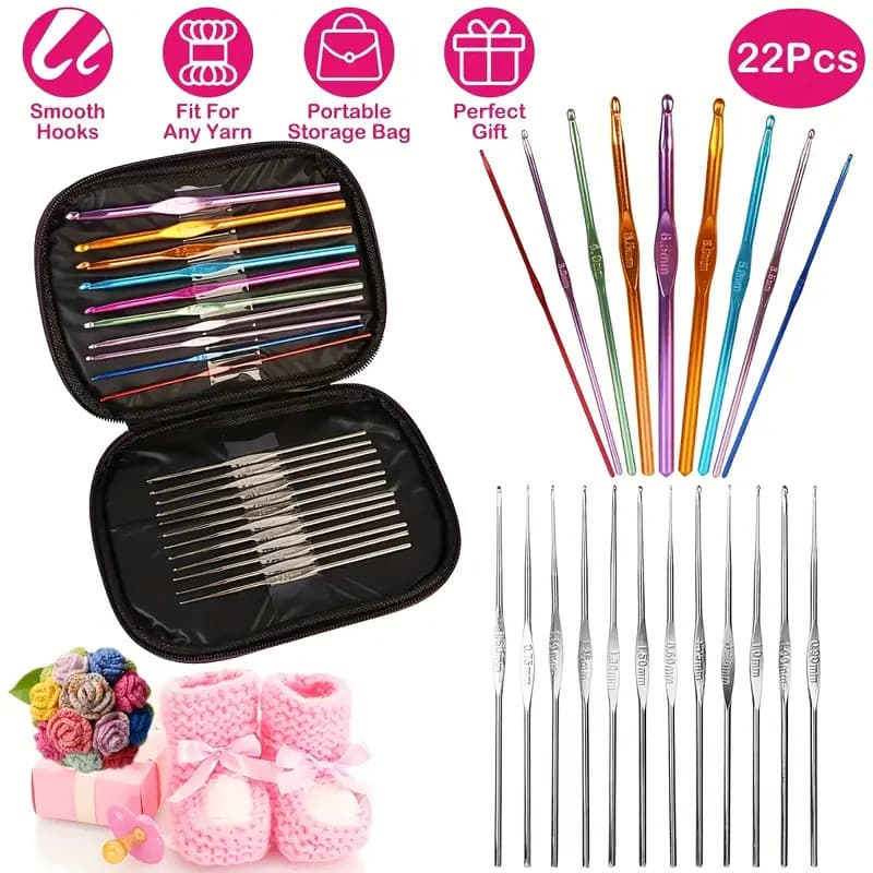 kit 22 peças De Ferramentas De Agulhas colorido Crochê de Tricô Alumínio para Fio Ponto Cruz Manual  22 peças (com caixa