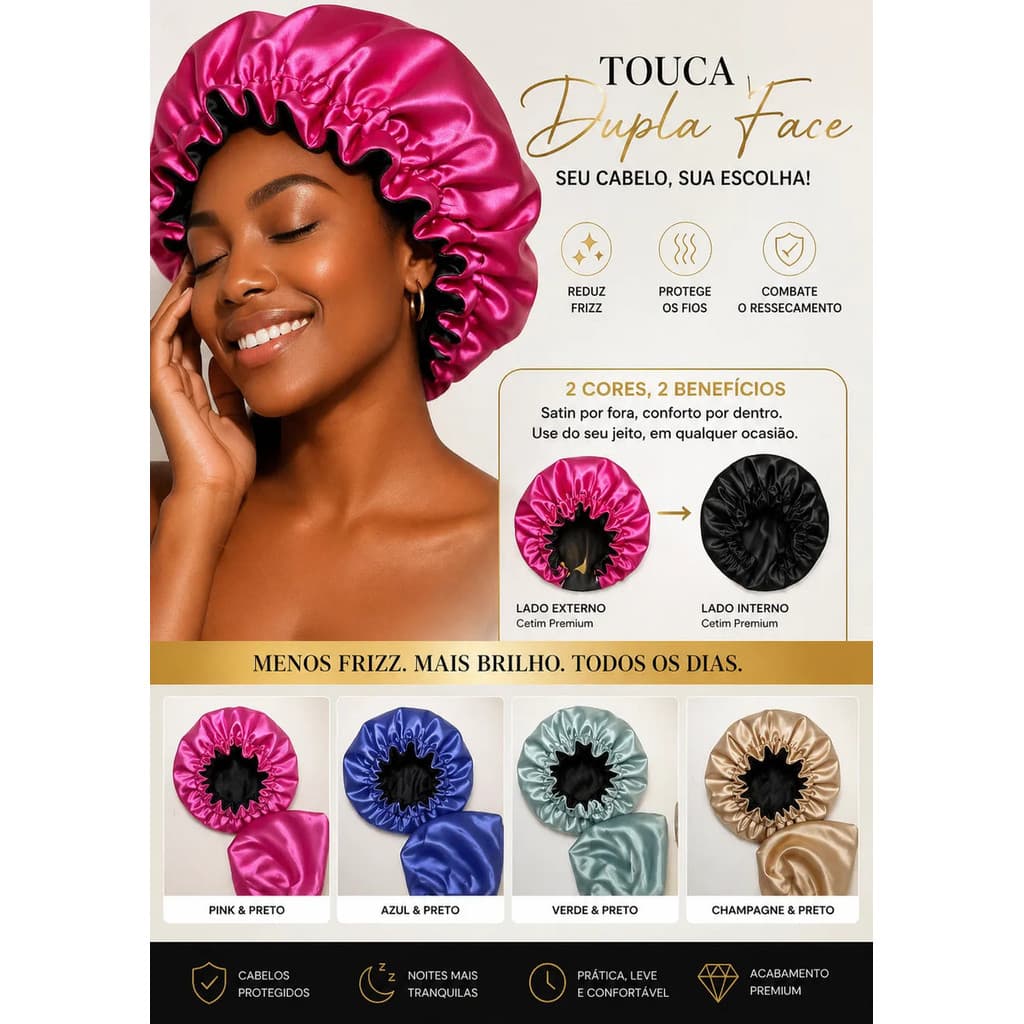 Touca De Cetim Anti Frizz Proteção Capilar Luxo Dupla Face 1o Und 0