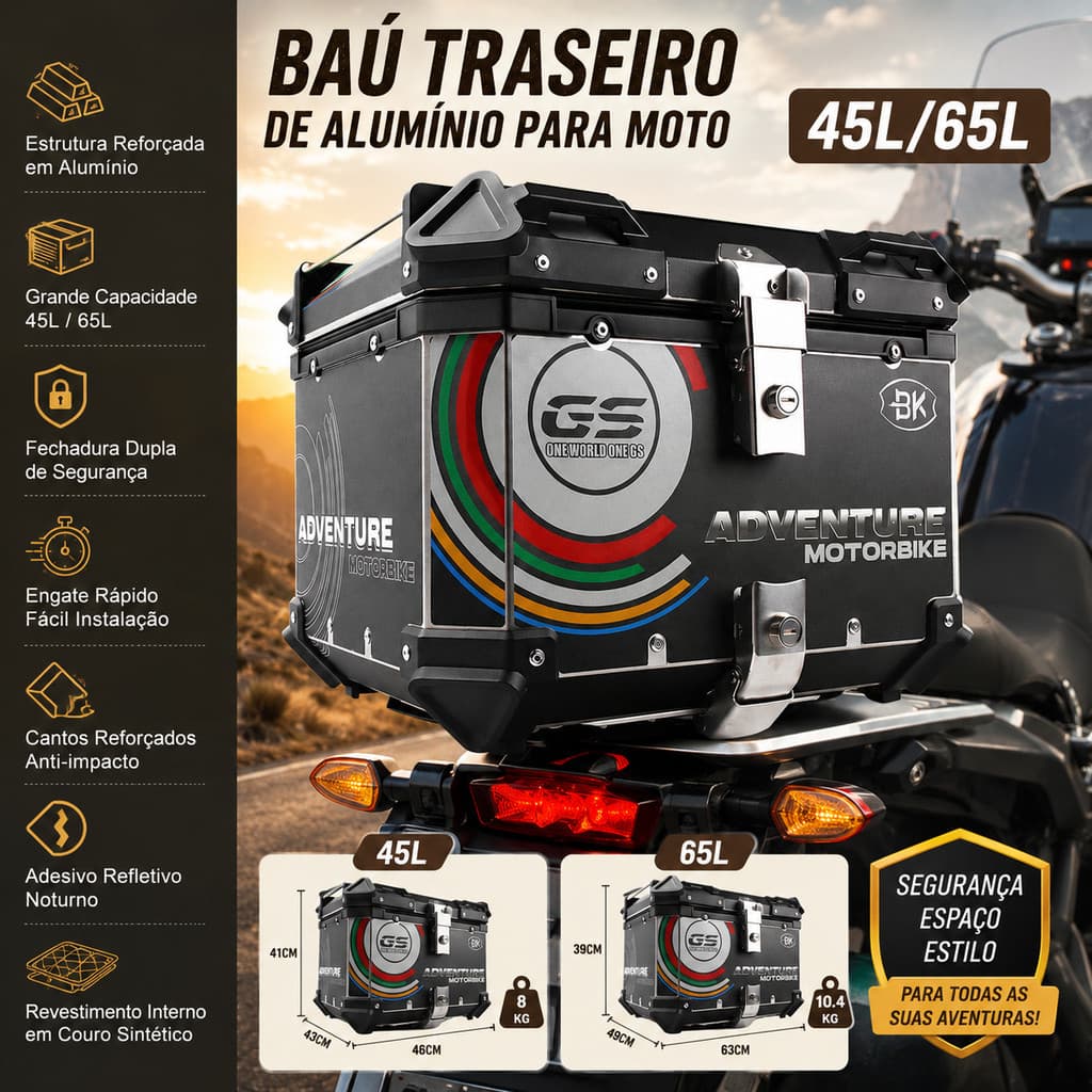 Bauleto para Motocicleta 45L 65L Alumínio Reforçado Impermeável com Fechadura e Acessórios