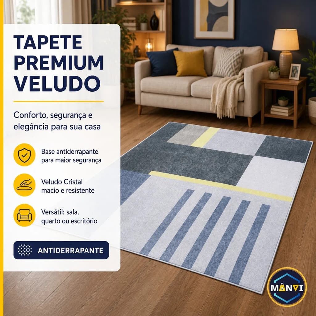 Tapete Retangular 140x100cm Veludo Cristal Premium Antiderrapante Sala Quarto Escritório Elegante
