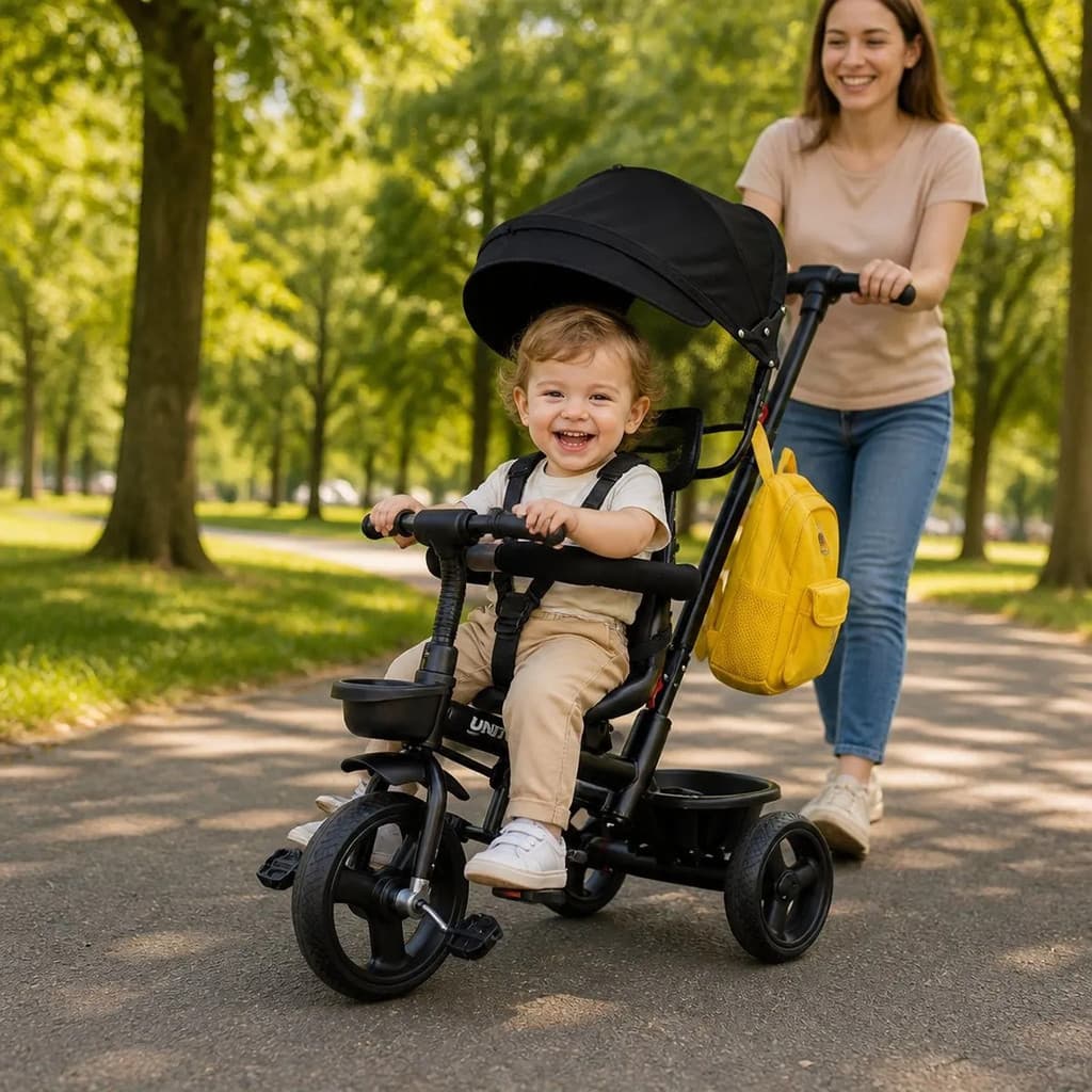 Triciclo Infantil Carrinho Passeio Empurrador Pedal Capota Protetora Sol Criança 1 ano Cestinha