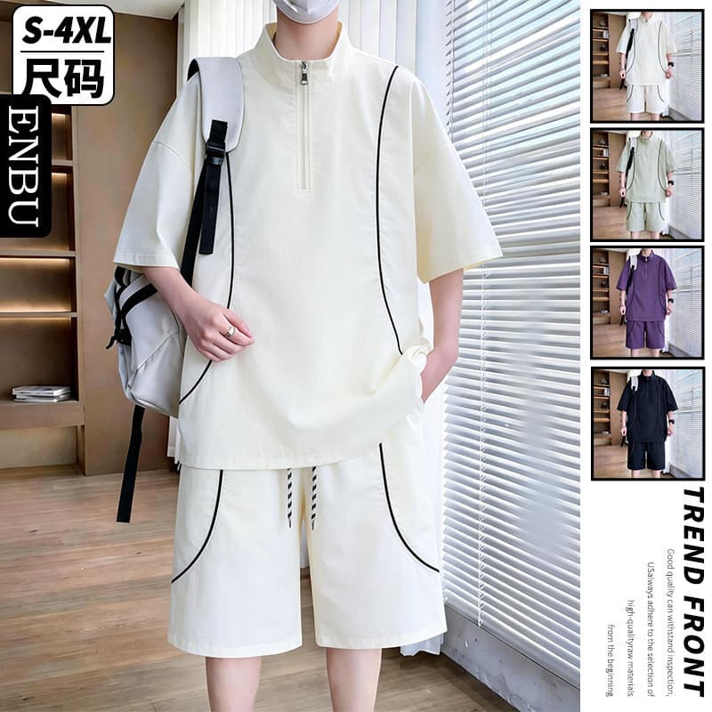 Terno masculino novo estilo Shorts de manga curta solto gola alta rufião bonito marca masculino um conjunto