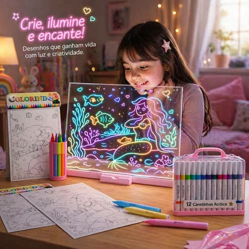 Kit Lousa Mágica LED Infantil com Canetas Acrílicas e Desenhos
