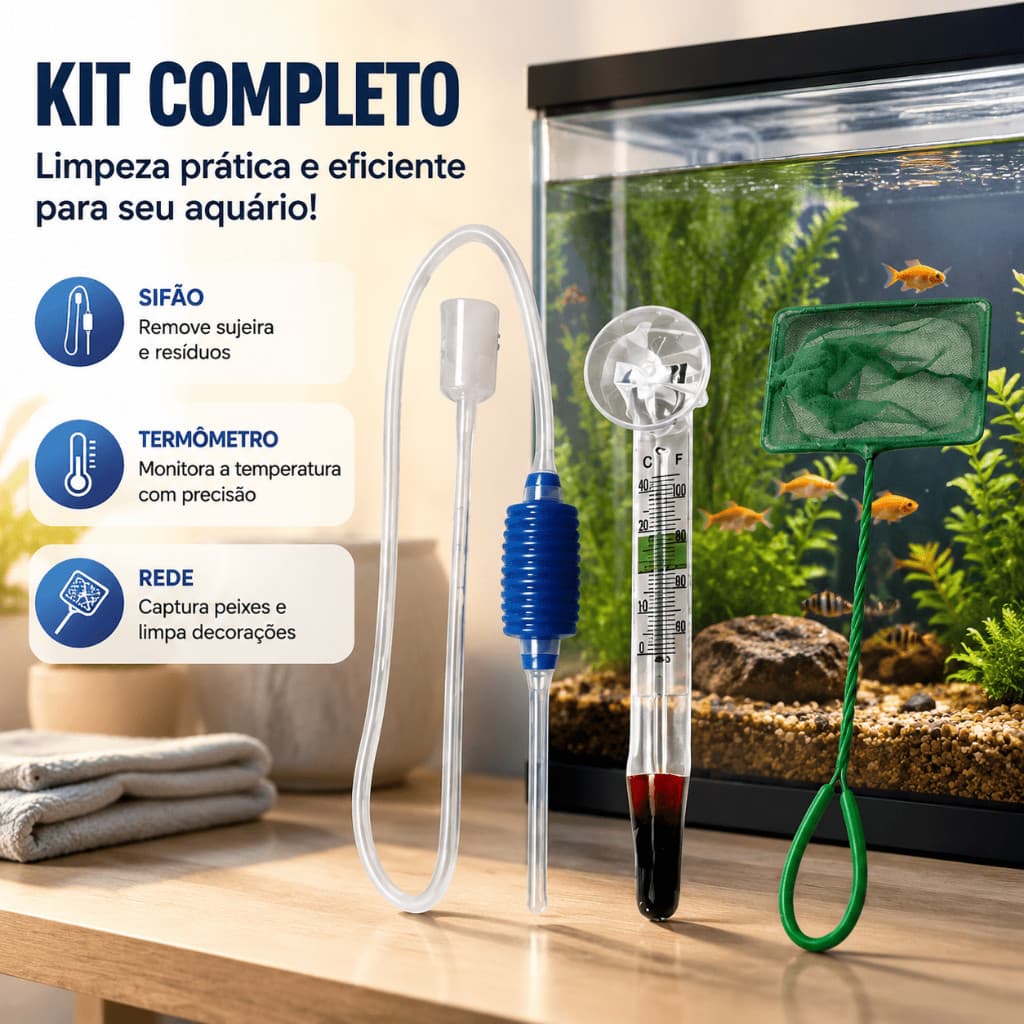 Kit Sifão para Limpeza - Termometro de Vidro com Ventosa e Rede Avaliação da loja - Variação: