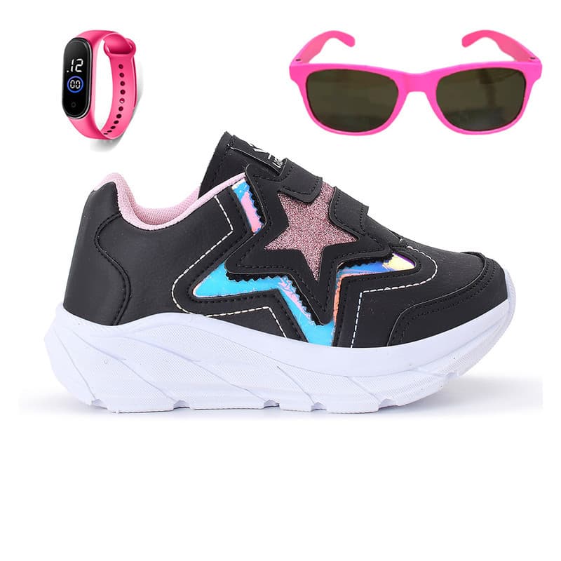 Conjunto com Tênis Calce Fácil Estrela para Meninas Conforto Solado Leve + Óculos e Relógio