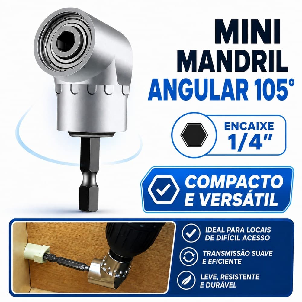 Adaptador Angular Curto 105° para Bits 1/4 Furadeira Parafusadeira Alta Resistência