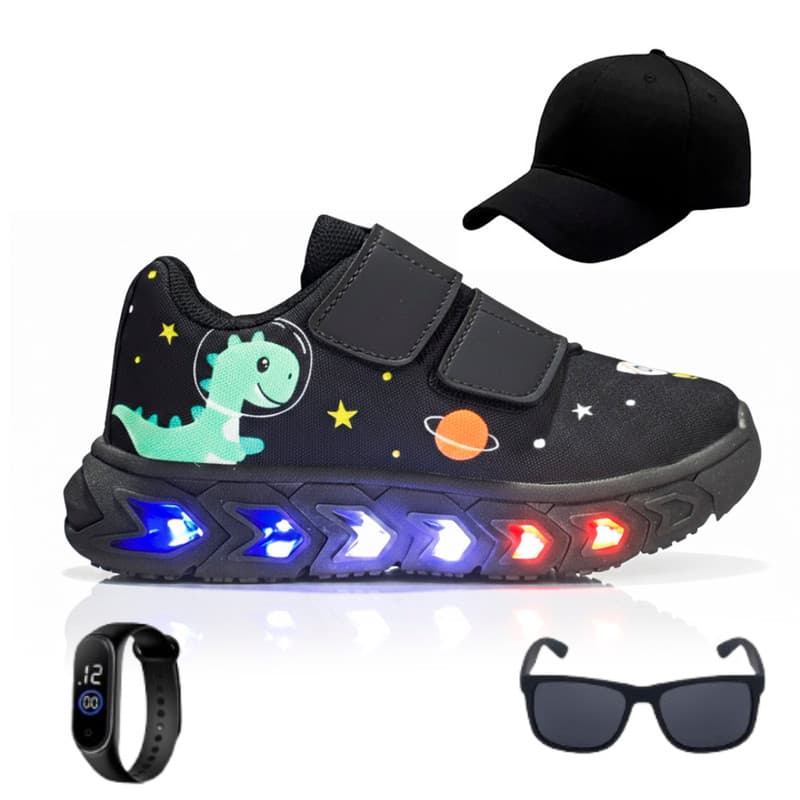 Kit Premium para Meninos com Tênis de Led Dino Leve e Confortável + Boné + Óculos Escuros + Relógio