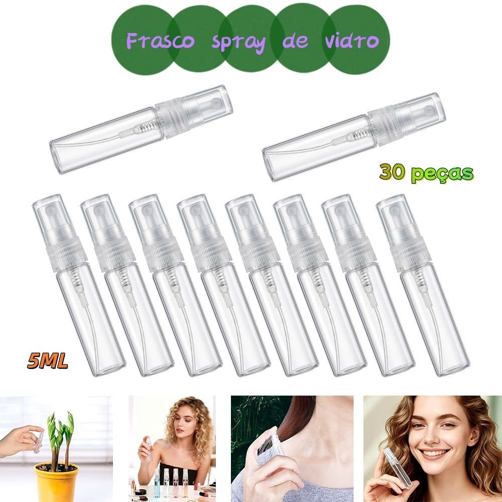 Frasco de vidro com bico de névoa fina branca de 30 unidades (5ml): Spray ultrafino, selado à prova de vazamentos