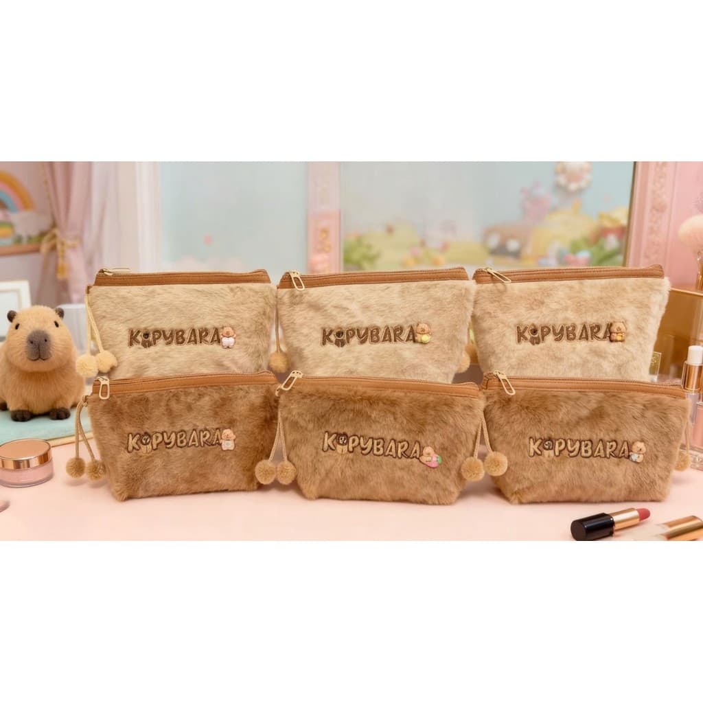 Necessaire Pelúcia Capivara Bordada Grande Bolsa Organizadora Maquiagem Estojo Escolar Viagem 22cm