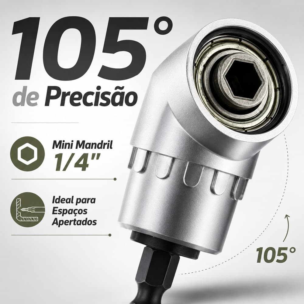 Adaptador de Ângulo Reto 105° para Furadeira e Parafusadeira Acesso Difícil 1/4