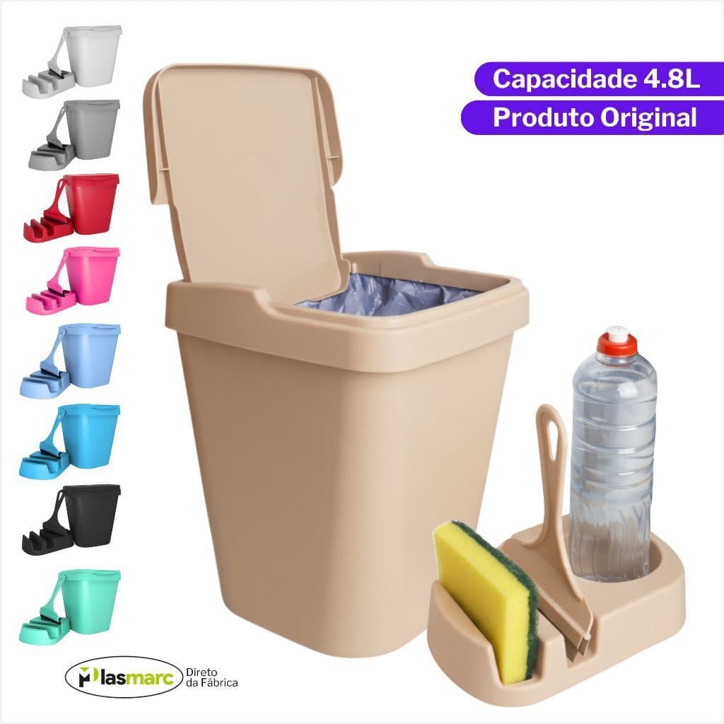 Kit Pia Com Lixeira 4,8L Rodinho e Porta Detergente Color Para Cozinha
