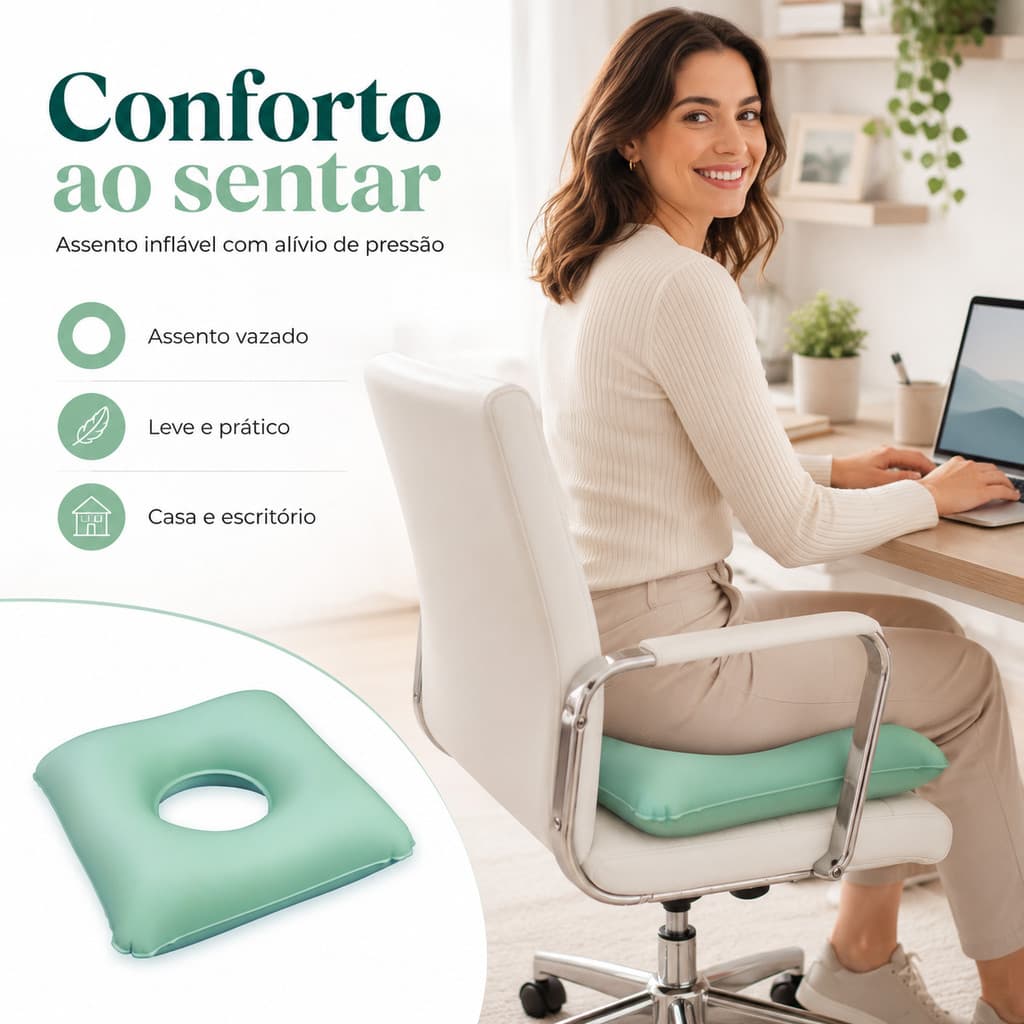 Almofada Ortopédica Inflável Quadrada com Orifício – Assento Terapêutico Confortável