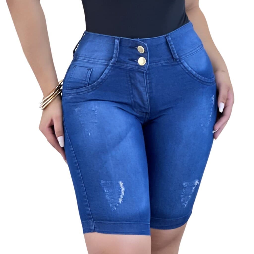 Short Jeans Feminino Pedal Escuro Lycra Cintura Alta