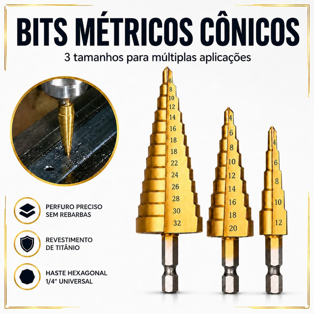 Kit 3 Brocas HSS Hexagonais com Titânio Anti-Desgaste para Madeira e Metal